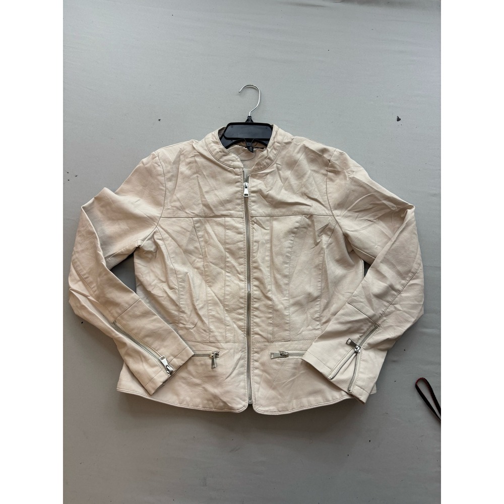 Baccini Cream Faux Leather Moto Jacket Womens Medium Full Zip Biker Coat